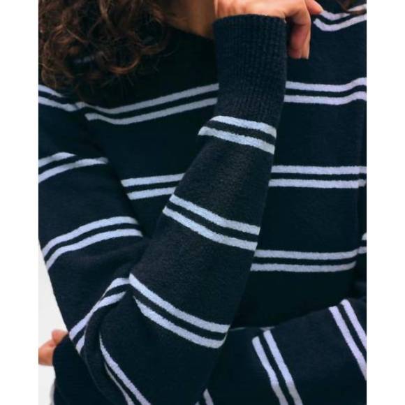 NEW WHITE + WARREN fine cotton boucle striped crewneck top in deep navy/pastel b - Picture 4 of 5